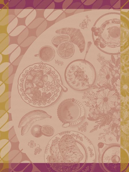 Torchon de Le Jacquard Français; Model Brunch Gourmand Framboise; Couleur principale rose en coton; Taille 60x80 cm rectangulaire; Motif Manger et boire tissé jacquard