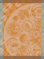 Torchon de Le Jacquard Français; Model Brunch Gourmand Pancake; Couleur principale orange en coton; Taille 60x80 cm rectangulaire; Motif Manger et boire tissé jacquard