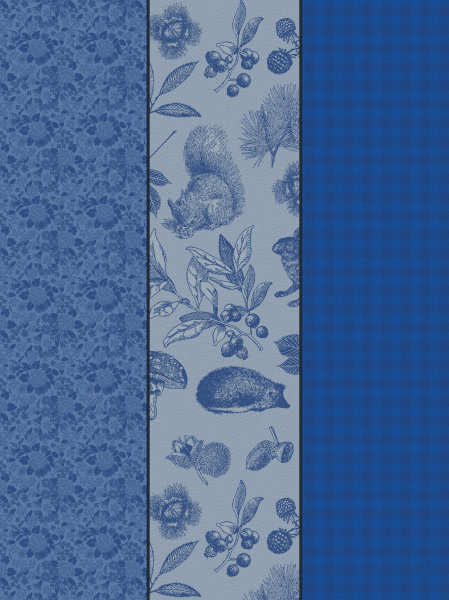 Paño de cocina de Le Jacquard Français; Modelo Dans Les Bois Tryptique Pervenche; Color principal azul en algodón; Tamaño 60x80 cm rectangular; Motivo Animales en tejido jacquard