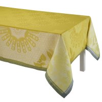 Mantel de Le Jacquard Français; Modelo Jardin DOrient Cedrat; Color principal amarillo en lino; Tamaño 175x320 cm rectangular; Motivo Verano en tejido jacquard