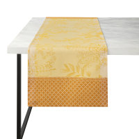 Tischläufer von Le Jacquard Français; Modell Jardin DEden Pollen in Grundfarbe gelb aus Baumwolle; Größe 50x150 cm rechteckig; Motiv Blumen und Pflanzen; Muster jacquard-gewebt