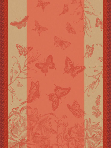 Paño de cocina de Le Jacquard Français; Modelo Jardin Des Papillons Camelia; Color principal rosa en algodón; Tamaño 60x80 cm rectangular; Motivo Animales en tejido jacquard