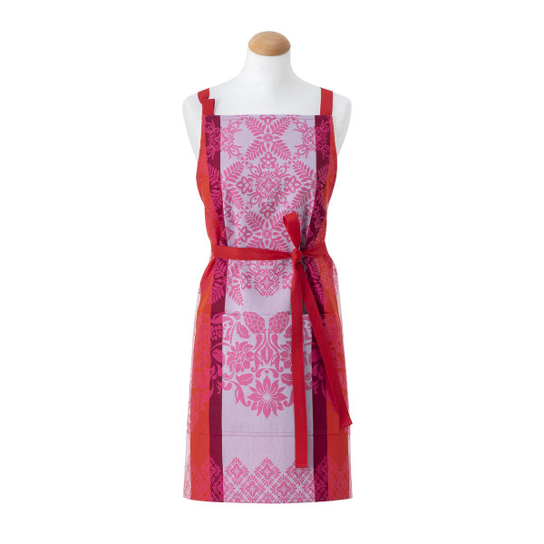 Apron from Le Jacquard Français; Model Mumbai Fuchsia; main colour pink in cotton; Size 80x96 cm ; Motif graphic patterns; Pattern jacquard woven