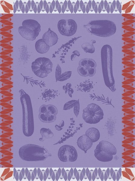 Tea towel from Le Jacquard Français; Model Ratatouille Aubergine; main colour purple in cotton; Size 60x80 cm rectangular; Motif Fruit and vegetable; Pattern jacquard woven