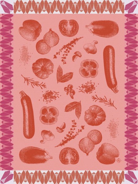 Tea towel from Le Jacquard Français; Model Ratatouille Tomate; main colour red in cotton; Size 60x80 cm rectangular; Motif Fruit and vegetable; Pattern jacquard woven