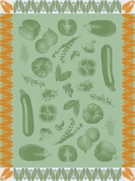 Tea towel from Le Jacquard Français; Model Ratatouille Courgette; main colour green in cotton; Size 60x80 cm rectangular; Motif Fruit and vegetable; Pattern jacquard woven