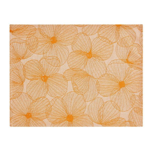 Sets de table enduits (2x Set) de Le Jacquard Français; Model A La Carte Fleurs Papillons Clementine; Couleur principale orange en tissu mixte; Taille 36x48 cm rectangulaire; Motif dessins graphiques tissé jacquard