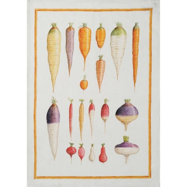 Tea towel from Tessitura Toscana Telerie; Model Vegan Carote; main colour multicolored in linen; Size 50x70 cm rectangular; Motif Food and drink; Pattern printed