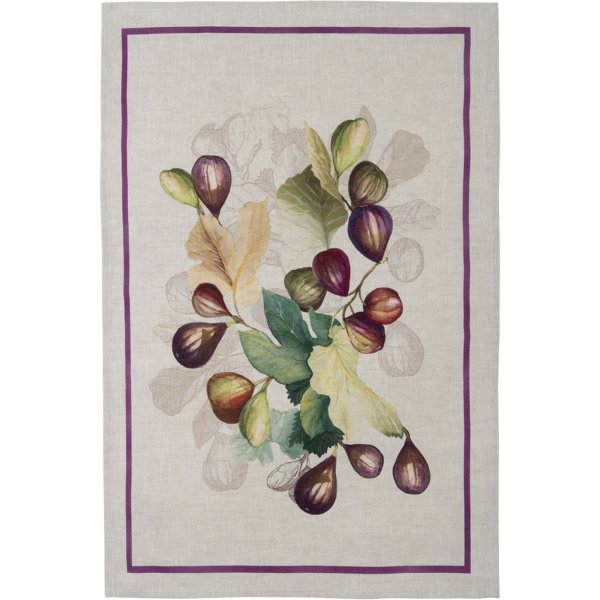 Torchon de Tessitura Toscana Telerie; Model Doucers Fichi; Couleur principale violet en lin; Taille 50x70 cm rectangulaire; Motif Manger et boire imprimé