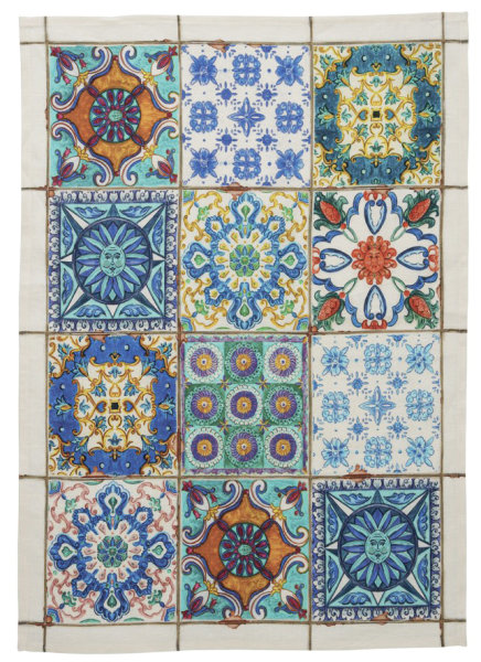 Paño de cocina de Tessitura Toscana Telerie; Modelo Camastra Blu; Color principal azul en lino; Tamaño 50x70 cm rectangular; Motivo diseños gráficos estampado