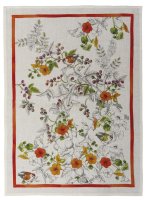 Geschirrtuch von Tessitura Toscana Telerie; Modell Gravure Orange in Grundfarbe bunt aus Leinen; Größe 50x70 cm rechteckig; Motiv Blumen und Pflanzen; Muster bedruckt