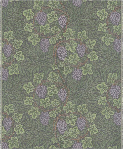 Plaid von Ekelund; Modell William Morris Vine in Grundfarbe grün aus Baumwolle; Größe 140x170 cm rechteckig; Motiv Blumen und Pflanzen, Obst und Gemüse; Muster Pixel gewebt (6-farbig)