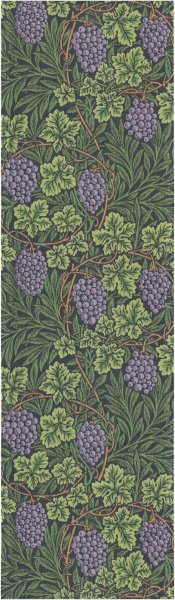 Tischläufer von Ekelund; Modell William Morris Vine in Grundfarbe grün aus Baumwolle; Größe 35x120 cm rechteckig; Motiv Blumen und Pflanzen, Obst und Gemüse; Muster Pixel gewebt (6-farbig)