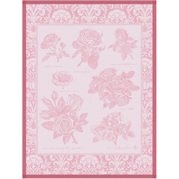 Torchon de Le Jacquard Français; Model Jardins des Roses Pétale; Couleur principale rose en coton; Taille 60x80 cm rectangulaire; Motif Fleurs et plantes tissé jacquard