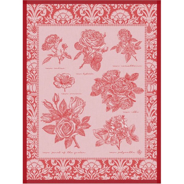 Torchon de Le Jacquard Français; Model Jardins des Roses Baiser; Couleur principale rouge en coton; Taille 60x80 cm rectangulaire; Motif Fleurs et plantes tissé jacquard