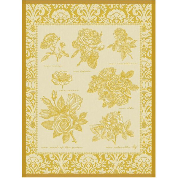 Tea towel from Le Jacquard Français; Model Jardins des Roses Golden; main colour yellow in cotton; Size 60x80 cm rectangular; Motif Flowers and plants; Pattern jacquard woven