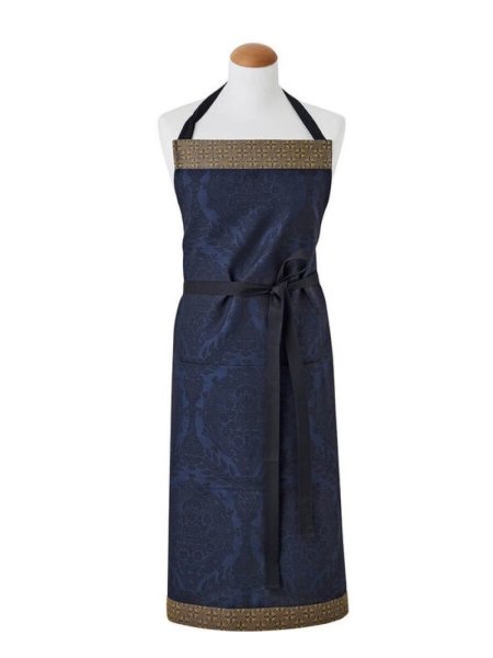 Apron from Le Jacquard Français; Model Festin Cristal; main colour blue in cotton; Size 90x96 cm ; Motif Food and drink; Pattern jacquard woven