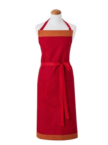 Apron from Le Jacquard Français; Model Festin Scala; main colour red in cotton; Size 90x96 cm ; Motif Food and drink; Pattern jacquard woven