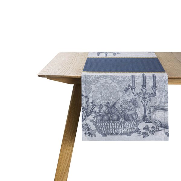 Table runner from Le Jacquard Français; Model Festin Cristal; main colour blue in cotton; Size 50x150 cm rectangular; Motif Food and drink; Pattern jacquard woven