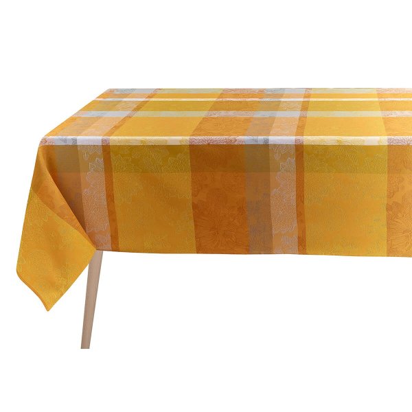 Coated tablecloth from Le Jacquard Français; Model Marie-Galante Ananas; main colour yellow in cotton; Size 175x250 cm rectangular; Motif Flowers and plants, Summer; Pattern jacquard woven