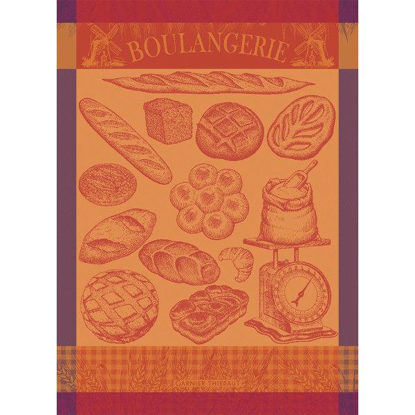 Geschirrtuch von Garnier-Thiebaut; Modell Boulangerie Moulin Ambre in Grundfarbe orange aus Baumwolle; Größe 56x77 cm rechteckig; Motiv Essen und Trinken; Muster jacquard-gewebt