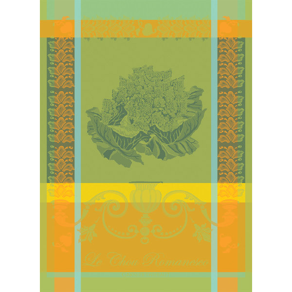 Torchon de Garnier-Thiebaut; Model Le Chou Romanesco Vert; Couleur principale vert en coton; Taille 56x77 cm rectangulaire; Motif Fruits et légumes tissé jacquard