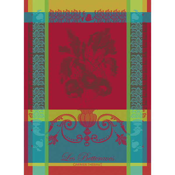 Torchon de Garnier-Thiebaut; Model Les Betteraves Rouge; Couleur principale rouge en coton; Taille 56x77 cm rectangulaire; Motif Fruits et légumes tissé jacquard