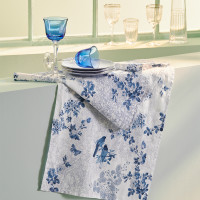 Table runner Voliere Bleu 50x155 cm Cotton-linen mix - Garnier-Thiebaut