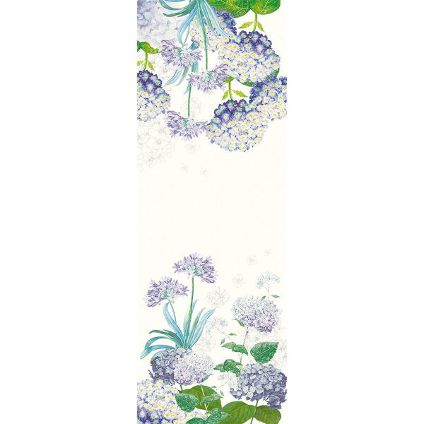 Table runner from Garnier-Thiebaut; Model Jardin de Bretagne Bleu; main colour blue in Cotton-linen mix; Size 53x150 cm rectangular; Motif Flowers and plants, Summer; Pattern printed