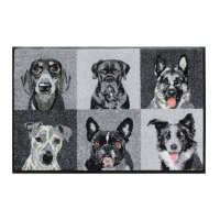 Tapis décor de Garnier-Thiebaut; Model Portraits de chiens noir et blanc; Couleur principale gris en Polyamide; Taille 50x75 cm rectangulaire; Motif Animaux imprimé