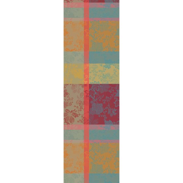 Table runner from Garnier-Thiebaut; Model Mille sous-bois Automne; main colour orange in cotton; Size 55x180 cm rectangular; Motif Flowers and plants, Autumn; Pattern jacquard woven