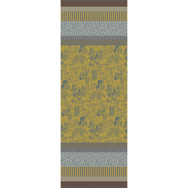 Runner da tavola de Garnier-Thiebaut; Modelo Mille Vergers Mordore; Colore principale giallo en cotone; Taglia 55x155 cm rettangolare; Motivo Fiori e piante, Frutta e verdura in tessuto jacquard