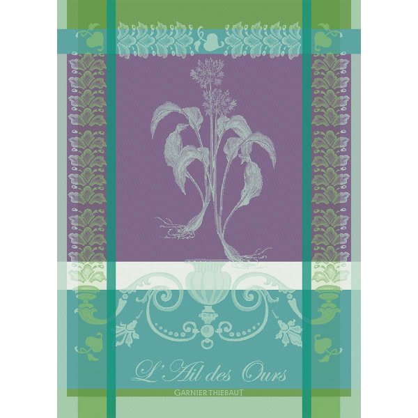 Tea towel from Garnier-Thiebaut; Model Ail Des Ours Emeraude; main colour purple in cotton; Size 56x77 cm rectangular; Motif Fruit and vegetable; Pattern jacquard woven