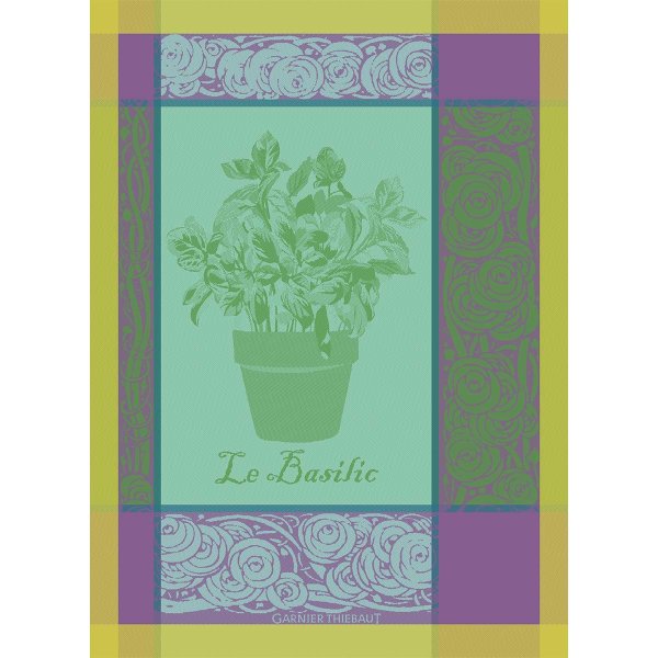 Paño de cocina de Garnier-Thiebaut; Modelo Basilic Purple; Color principal verde en algodón; Tamaño 56x77 cm rectangular; Motivo Frutas y verduras en tejido jacquard