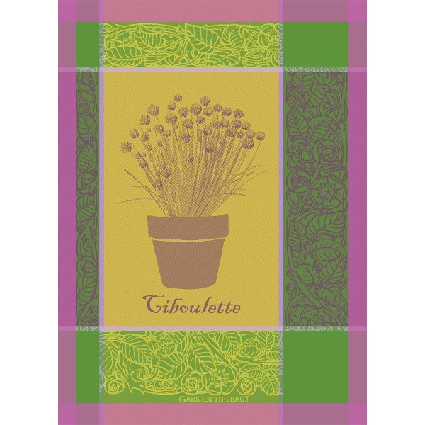 Paño de cocina de Garnier-Thiebaut; Modelo Ciboulette Menthol; Color principal amarillo en algodón; Tamaño 56x77 cm rectangular; Motivo Frutas y verduras en tejido jacquard