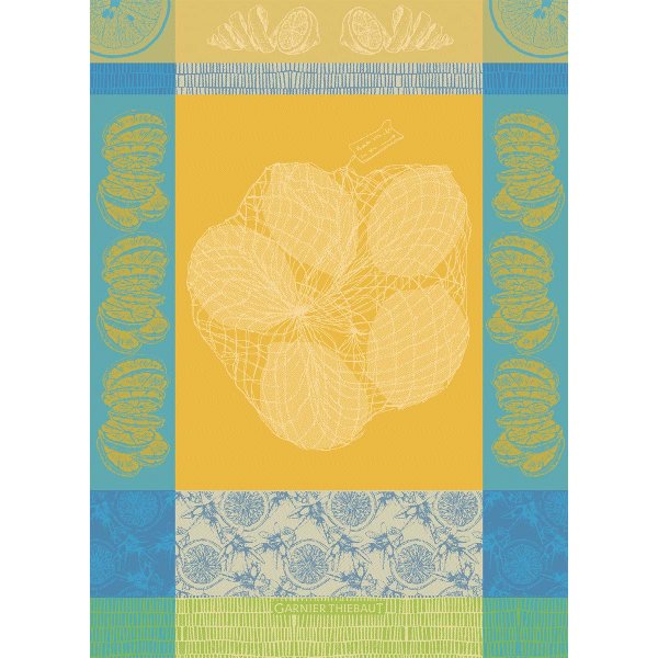 Paño de cocina de Garnier-Thiebaut; Modelo Filet De Citrons Soleil; Color principal amarillo en algodón; Tamaño 56x77 cm rectangular; Motivo Frutas y verduras en tejido jacquard