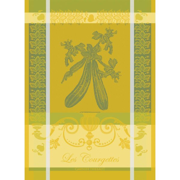 Paño de cocina de Garnier-Thiebaut; Modelo Les Courgettes Jonquille; Color principal verde en algodón; Tamaño 56x77 cm rectangular; Motivo Frutas y verduras en tejido jacquard