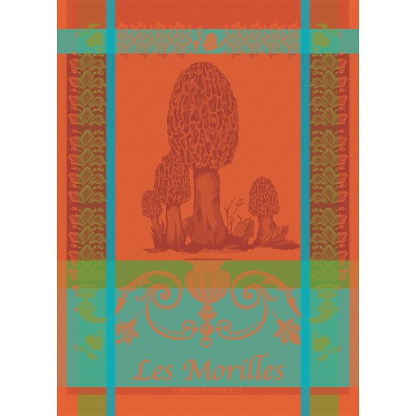 Paño de cocina de Garnier-Thiebaut; Modelo Les Morilles Vermillon; Color principal rojo en algodón; Tamaño 56x77 cm rectangular; Motivo Frutas y verduras en tejido jacquard