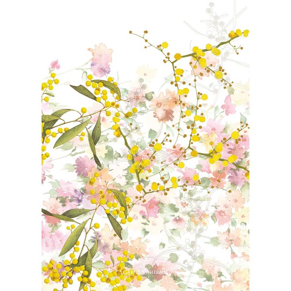 Torchon de Garnier-Thiebaut; Model Mimosas Floraison; Couleur principale rose en Mélange coton-lin; Taille 50x70 cm rectangulaire; Motif Fleurs et plantes imprimé