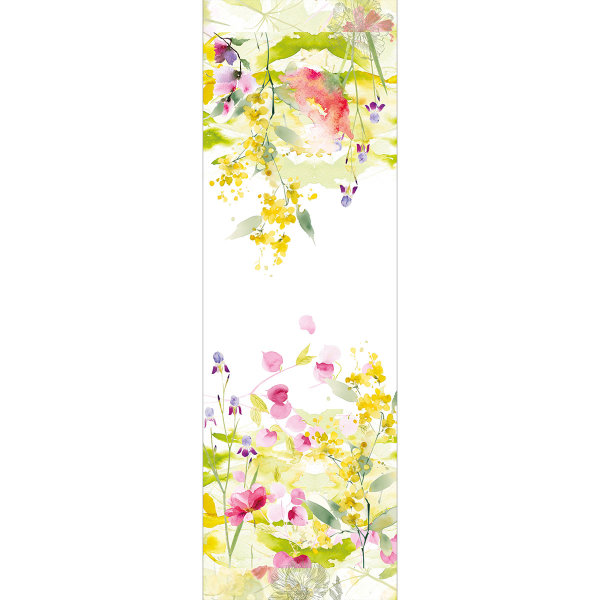 Camino de mesa de Garnier-Thiebaut; Modelo Souffle Fleuri Printemps; Color principal multicolor en mezcla de lino y algodón; Tamaño 50x155 cm rectangular; Motivo Plantas y flores, Primavera estampado