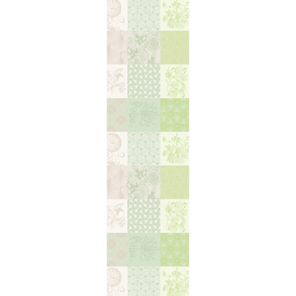 Table runner from Garnier-Thiebaut; Model Mille Parfums Verde; main colour green in cotton; Size 55x180 cm rectangular; Motif Flowers and plants, graphic patterns; Pattern jacquard woven