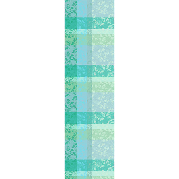 Table runner from Garnier-Thiebaut; Model Mille Feuillages Turquoise; main colour blue in cotton; Size 55x180 cm rectangular; Motif Flowers and plants, Summer; Pattern jacquard woven