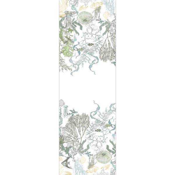 Table runner from Garnier-Thiebaut; Model Balade Marine Verde; main colour grey in Cotton-linen mix; Size 50x155 cm rectangular; Motif Maritime, Animals; Pattern printed