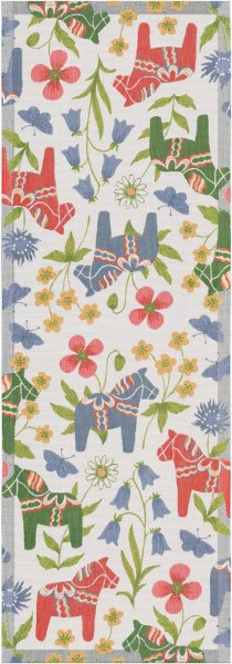 Chemin de table de Ekelund; Model Blomsterhäst 599; Couleur principale multicolore en coton; Taille 35x100 cm rectangulaire; Motif Fleurs et plantes, Lieux et villes Pixel tissé (6 couleurs)