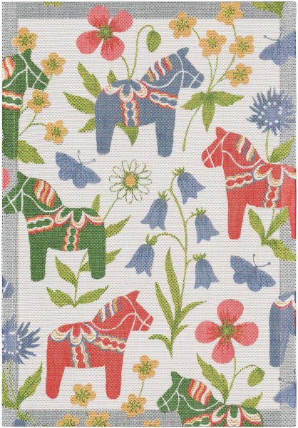 Essuie-mains de Ekelund; Model Blomsterhäst 599; Couleur principale multicolore en coton; Taille 35x50 cm rectangulaire; Motif Fleurs et plantes, Lieux et villes Pixel tissé (6 couleurs)