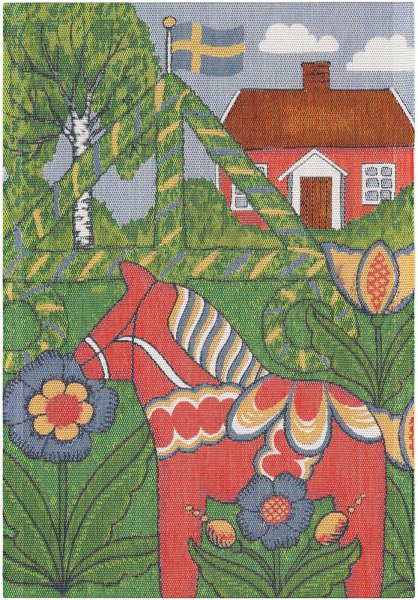 Küchenhandtuch von Ekelund; Modell Folkfest 599 in Grundfarbe bunt aus Baumwolle; Größe 35x50 cm rechteckig; Motiv Landschaften; Muster Pixel gewebt (6-farbig)