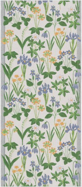 Table runner from Ekelund; Model Solblå 599; main colour multicolored in cotton; Size 35x80 cm rectangular; Motif Flowers and plants, Spring; Pattern Pixel-wowen (6 colours)