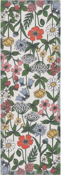 Table runner from Ekelund; Model Vildblomster 599; main colour multicolored in cotton; Size 35x100 cm rectangular; Motif Flowers and plants, Summer; Pattern Pixel-wowen (6 colours)