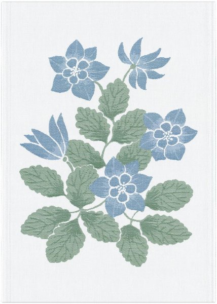 Küchenhandtuch von Ekelund; Modell Ängsblå 010 in Grundfarbe blau aus Baumwolle; Größe 35x50 cm rechteckig; Motiv Blumen und Pflanzen, Sommer; Muster gewebt