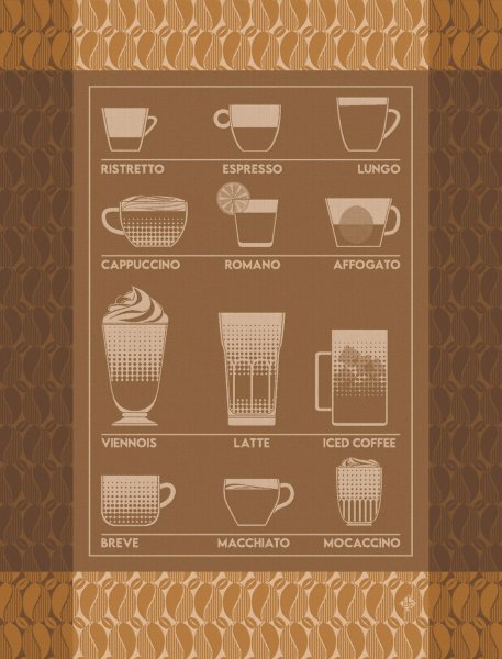 Tea towel from Le Jacquard Français; Model Barista Moccacino; main colour brown in cotton; Size 60x80 cm rectangular; Motif Food and drink; Pattern jacquard woven